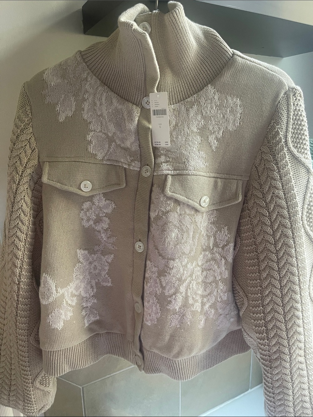 Anthropologie Cream Floral Knit Button-Front Cardigan